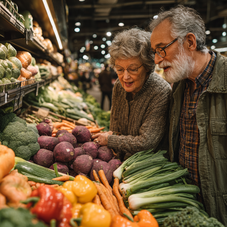Adultos mayores disfrutando comida saludable