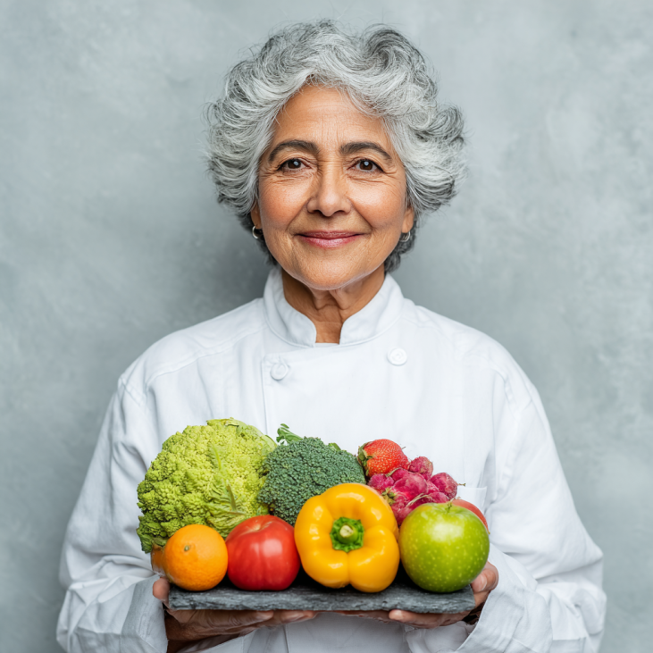 Pareja de adultos mayores preparando comida saludable